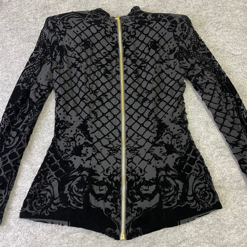 Balmain x HM 2015 Black Silk Burnout Velvet Mock Neck Top Gold Zip Size 8 - Picture 9 of 16